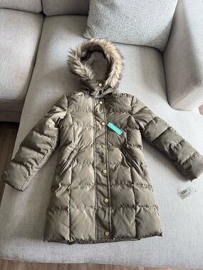 Copper Key long Puffer Coat with Faux Fur Hood - Olive